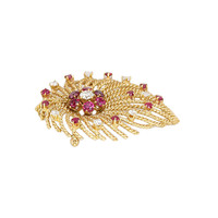 2.44 Ct. Ruby Natural Diamond Accent Stones Brooch, 14K Yellow Gold Image