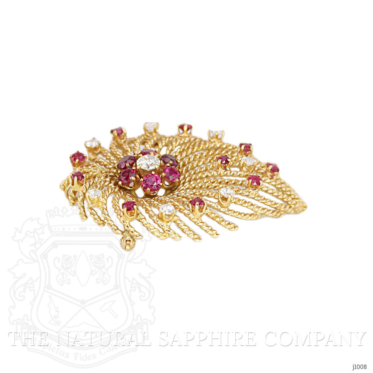 2.44 Ct. Ruby Natural Diamond Accent Stones Brooch, 14K Yellow Gold