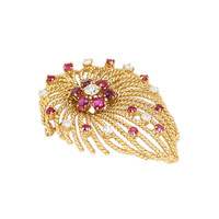2.44 Ct. Ruby Natural Diamond Accent Stones Brooch, 14K Yellow Gold Image