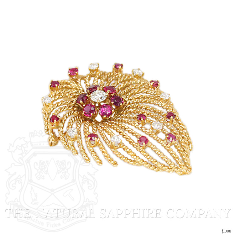 2.44 Ct. Ruby Natural Diamond Accent Stones Brooch, 14K Yellow Gold