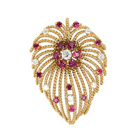 2.44 Ct. Ruby Natural Diamond Accent Stones Brooch, 14K Yellow Gold Image