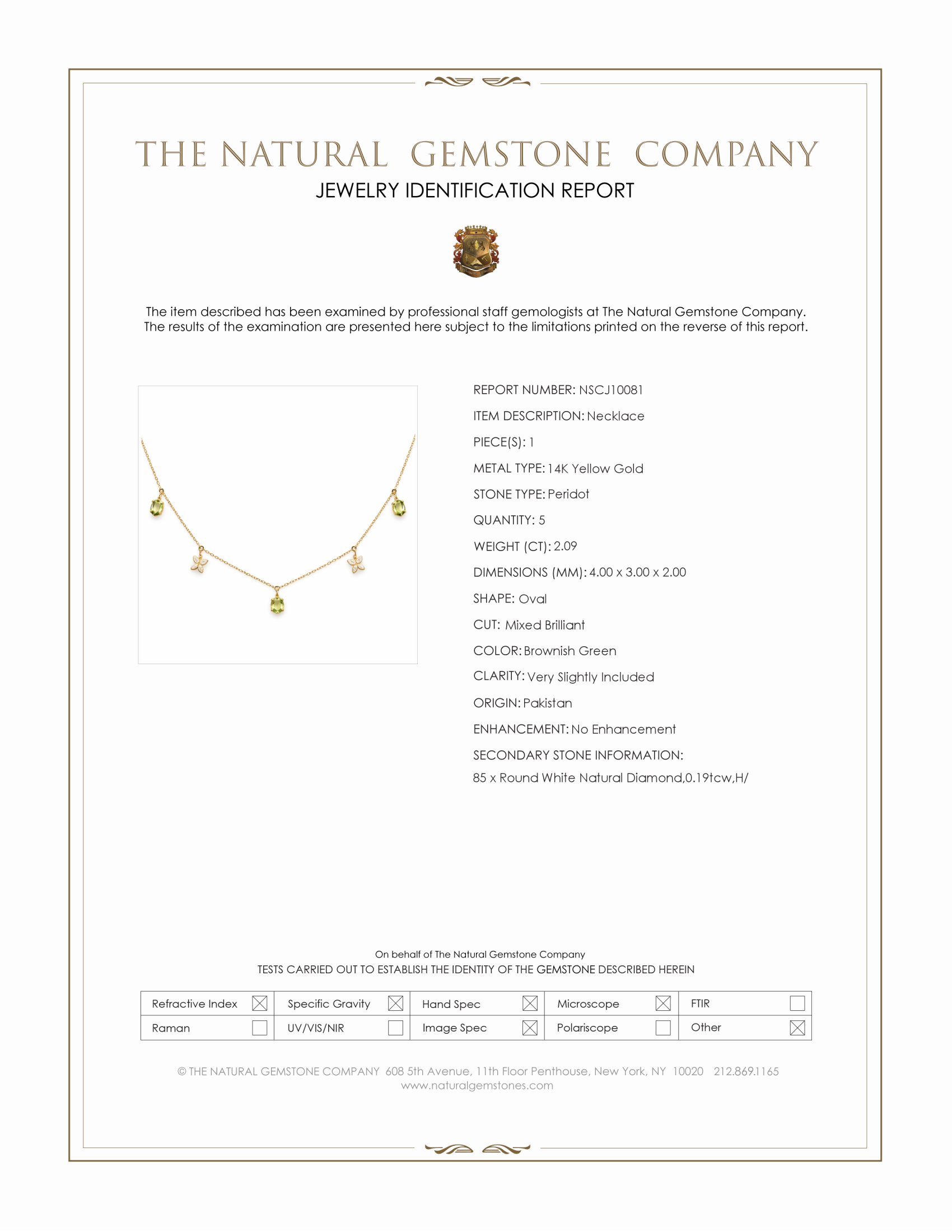 2.09 Ct. Brownish Green Peridot and Natural Diamond Pave Necklace, 14K Yellow Gold