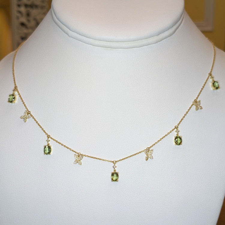 2.09 Ct. Peridot Natural Diamond Pave Necklace, 14K Yellow Gold