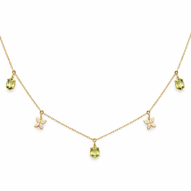 2.09 Ct. Brownish Green Peridot and Natural Diamond Pave Necklace, 14K Yellow Gold