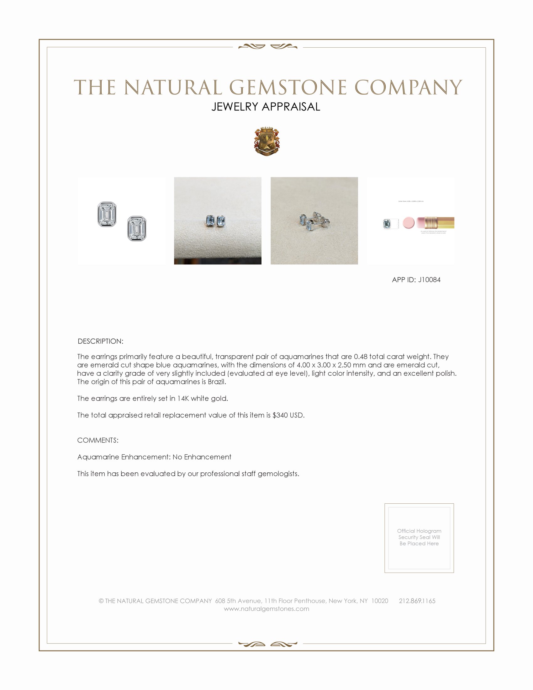 0.48 Ct.Tw. Aquamarine Studs Earrings, 14K White Gold