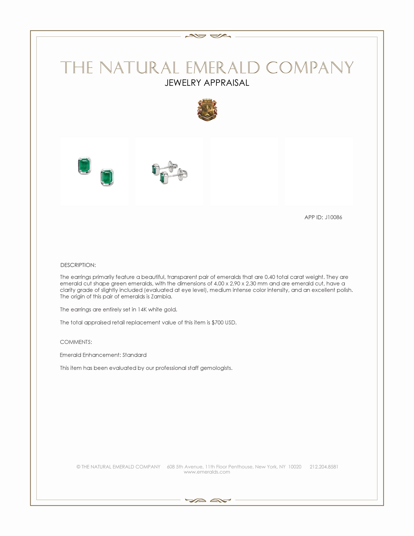 0.40 Ct.Tw. Emerald Studs Earrings, 14K White Gold