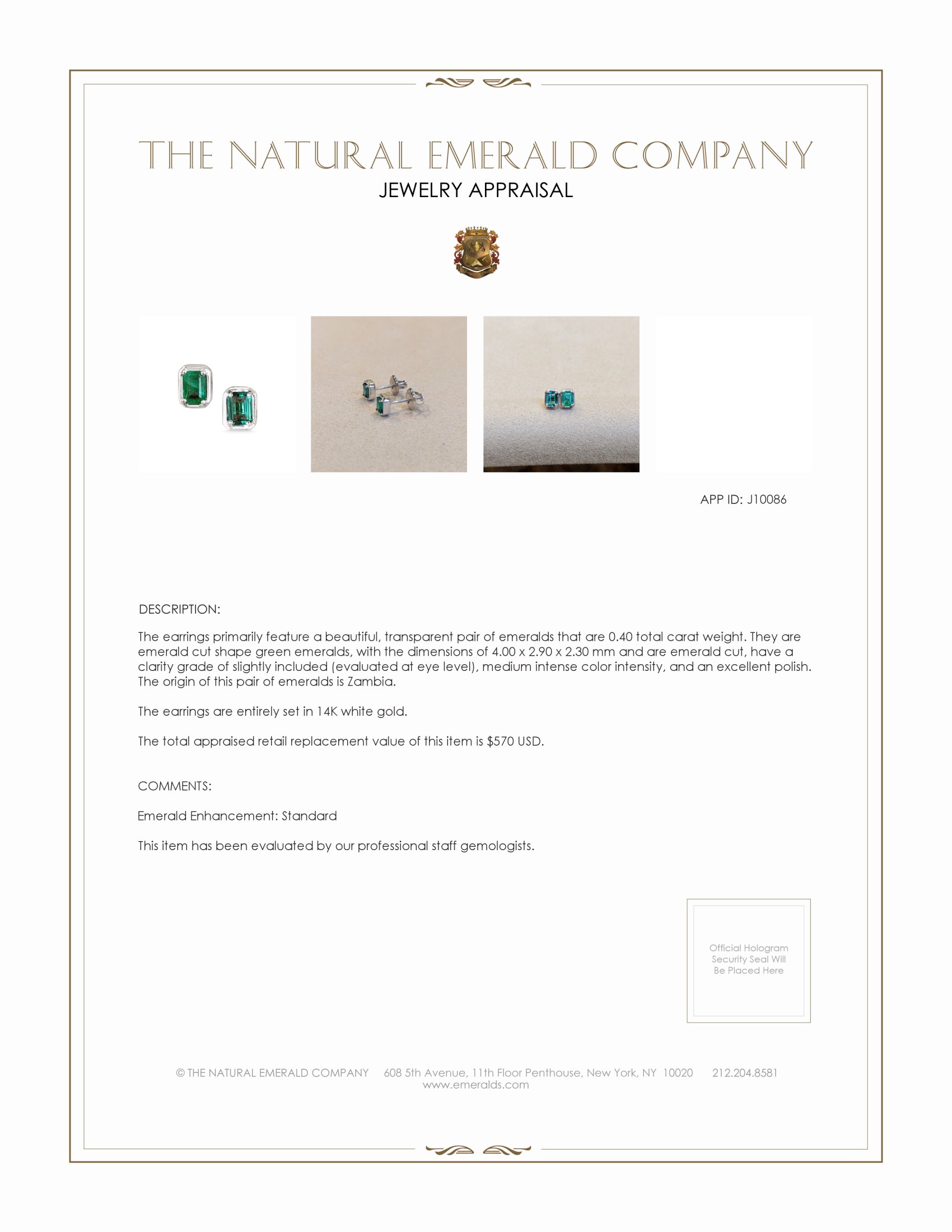0.40 Ct.Tw. Emerald Studs Earrings, 14K White Gold