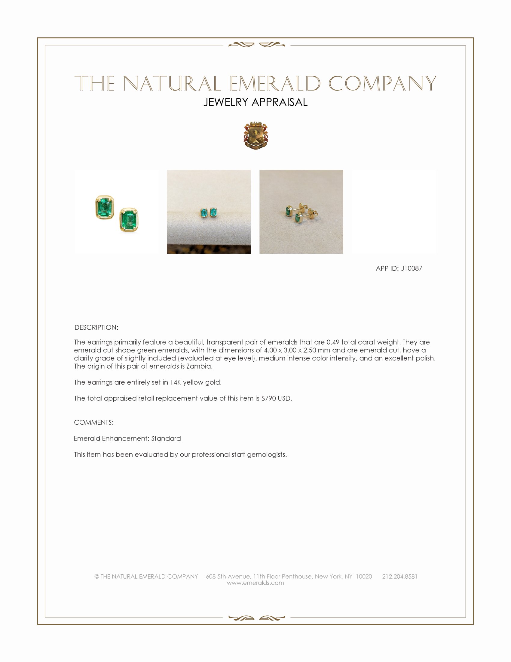 0.49 Ct.Tw. Emerald Studs Earrings, 14K Yellow Gold