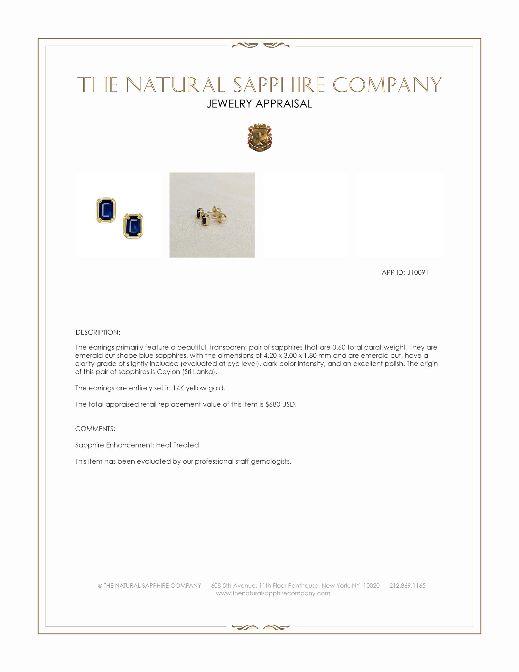 0.60 Ct.Tw. Blue Sapphire Studs Earrings, 14K Yellow Gold