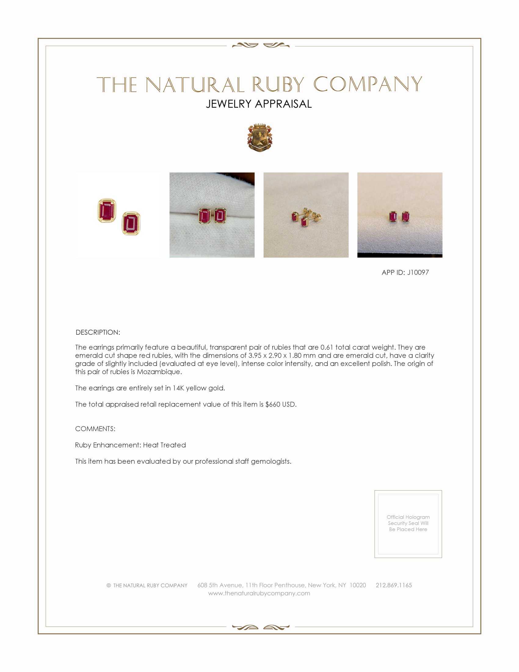 0.61 Ct.Tw. Ruby Studs Earrings, 14K Yellow Gold