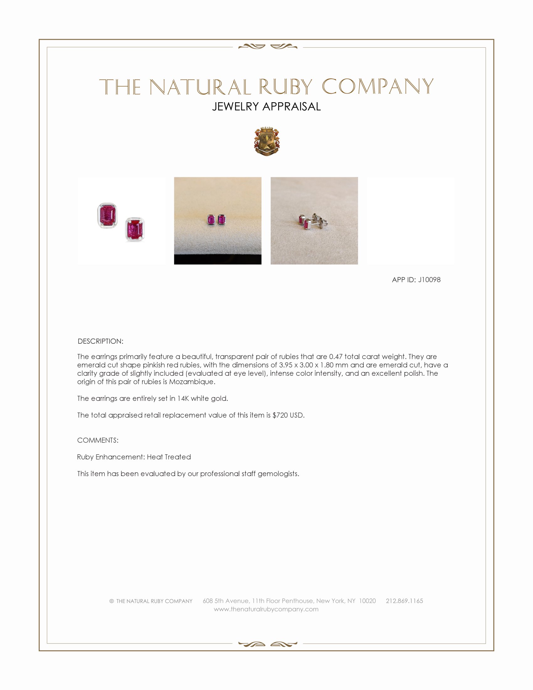 0.47 Ct.Tw. Pinkish Red Ruby Studs Earrings, 14K White Gold