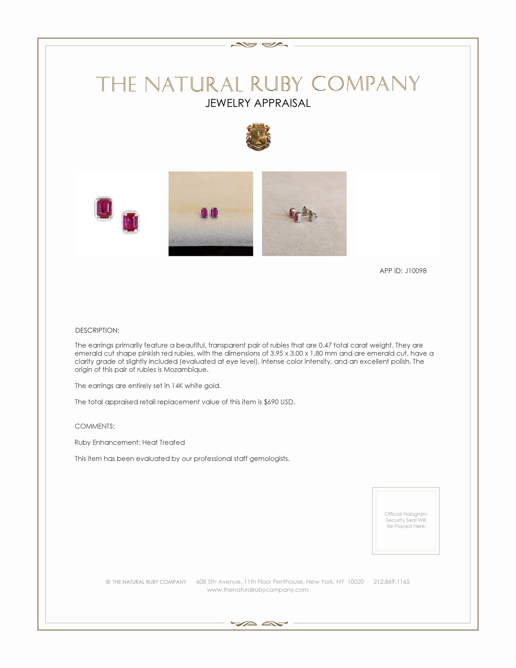 0.47 Ct.Tw. Pinkish Red Ruby Studs Earrings, 14K White Gold