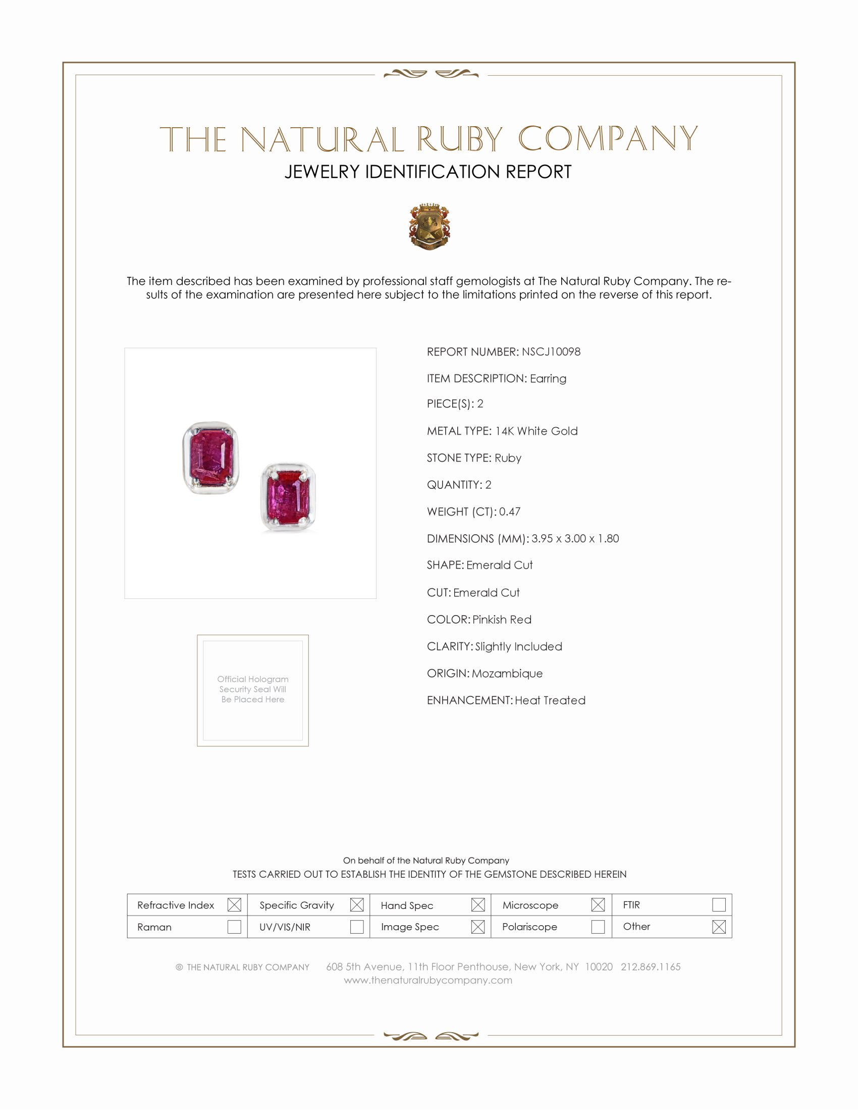0.47 Ct.Tw. Pinkish Red Ruby Studs Earrings, 14K White Gold