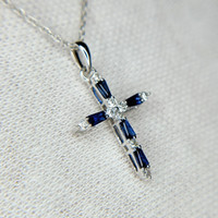 0.25 Ct. Blue Sapphire and Natural Diamond Religious Pendant, 14K White Gold Image