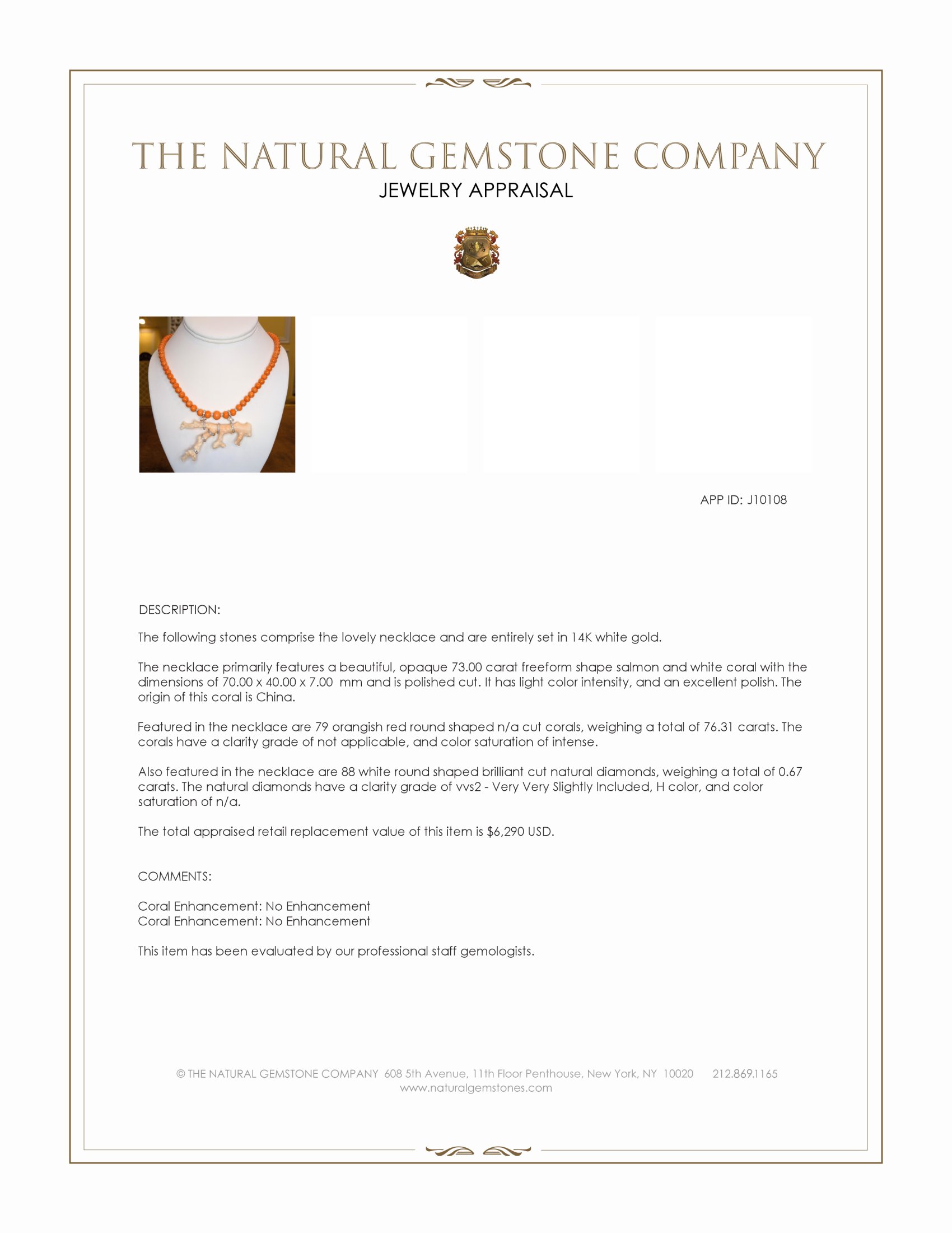 73.00 Ct. Coral Coral Antique Style Necklace, 14K White Gold