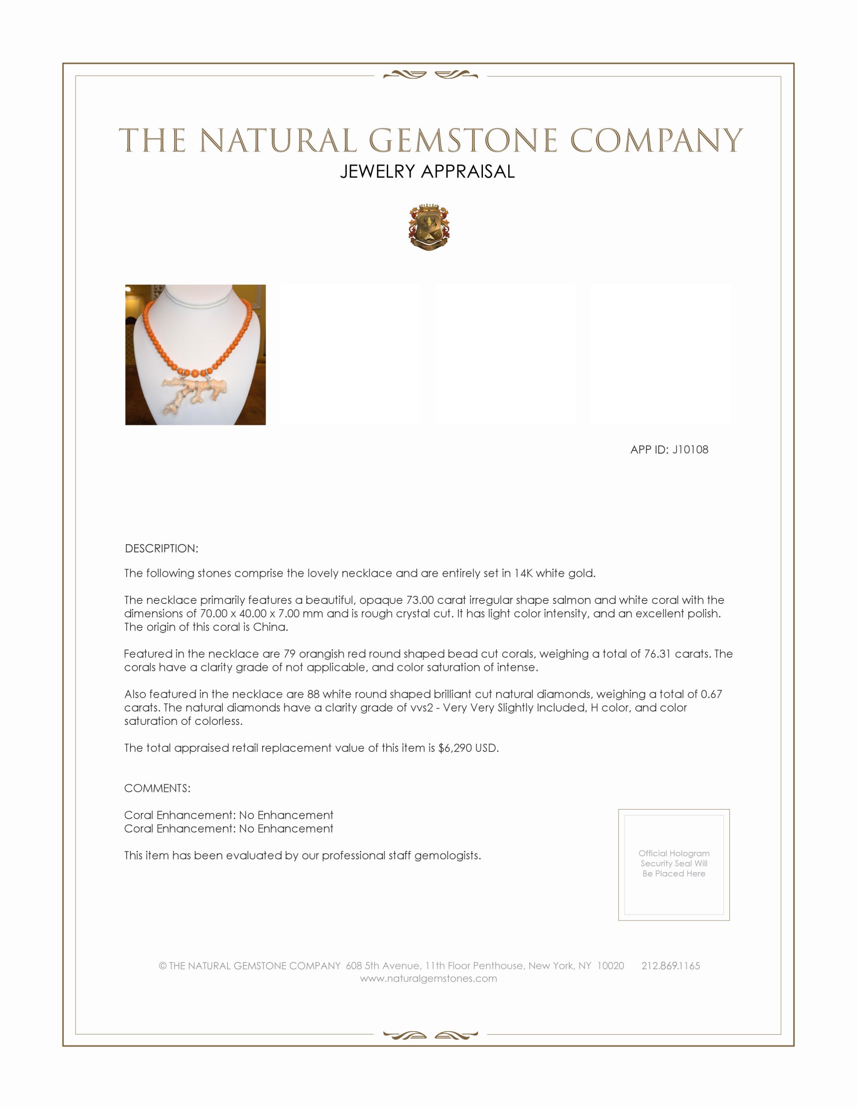 73.00 Ct. Coral Coral Antique Style Necklace, 14K White Gold