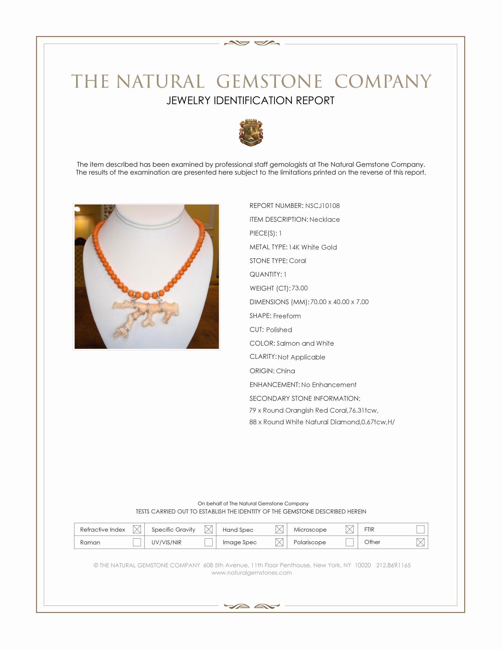 73.00 Ct. Mixed Coral and Natural Diamond Antique Style Necklace, 14K White Gold