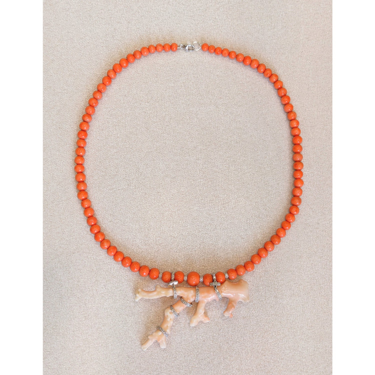 73.00 Ct. Coral Coral Antique Style Necklace, 14K White Gold