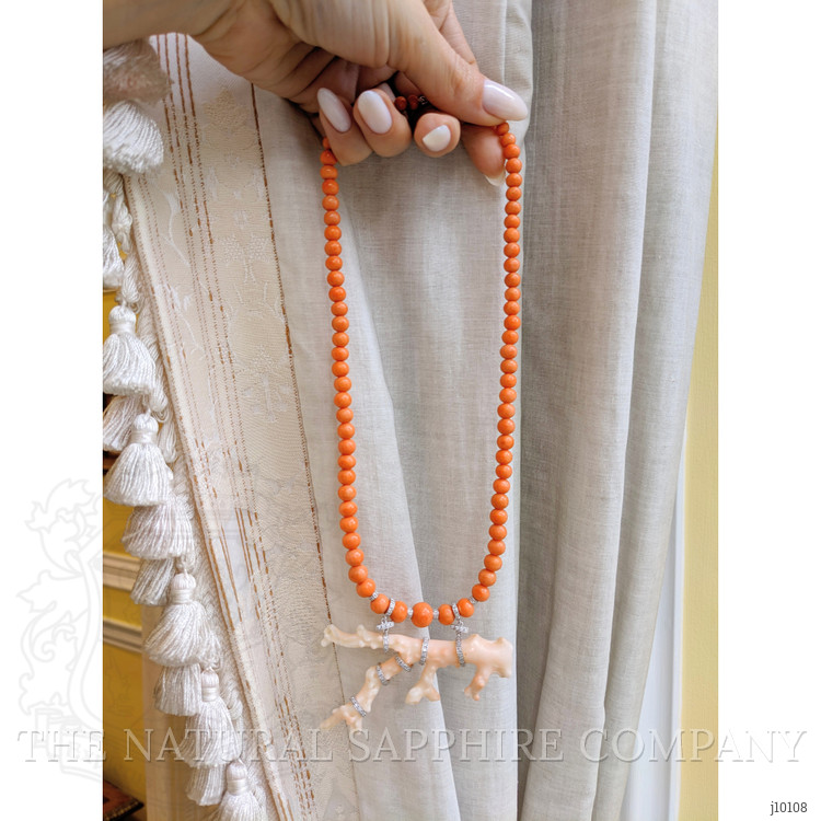 73.00 Ct. Coral Coral Antique Style Necklace, 14K White Gold