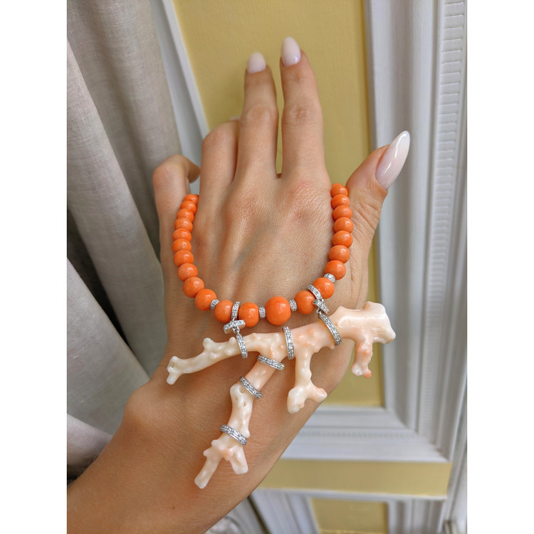 73.00 Ct. Coral Coral Antique Style Necklace, 14K White Gold