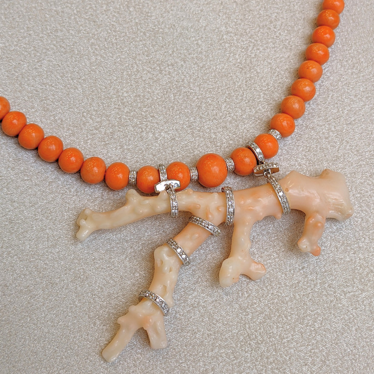 73.00 Ct. Coral Coral Antique Style Necklace, 14K White Gold