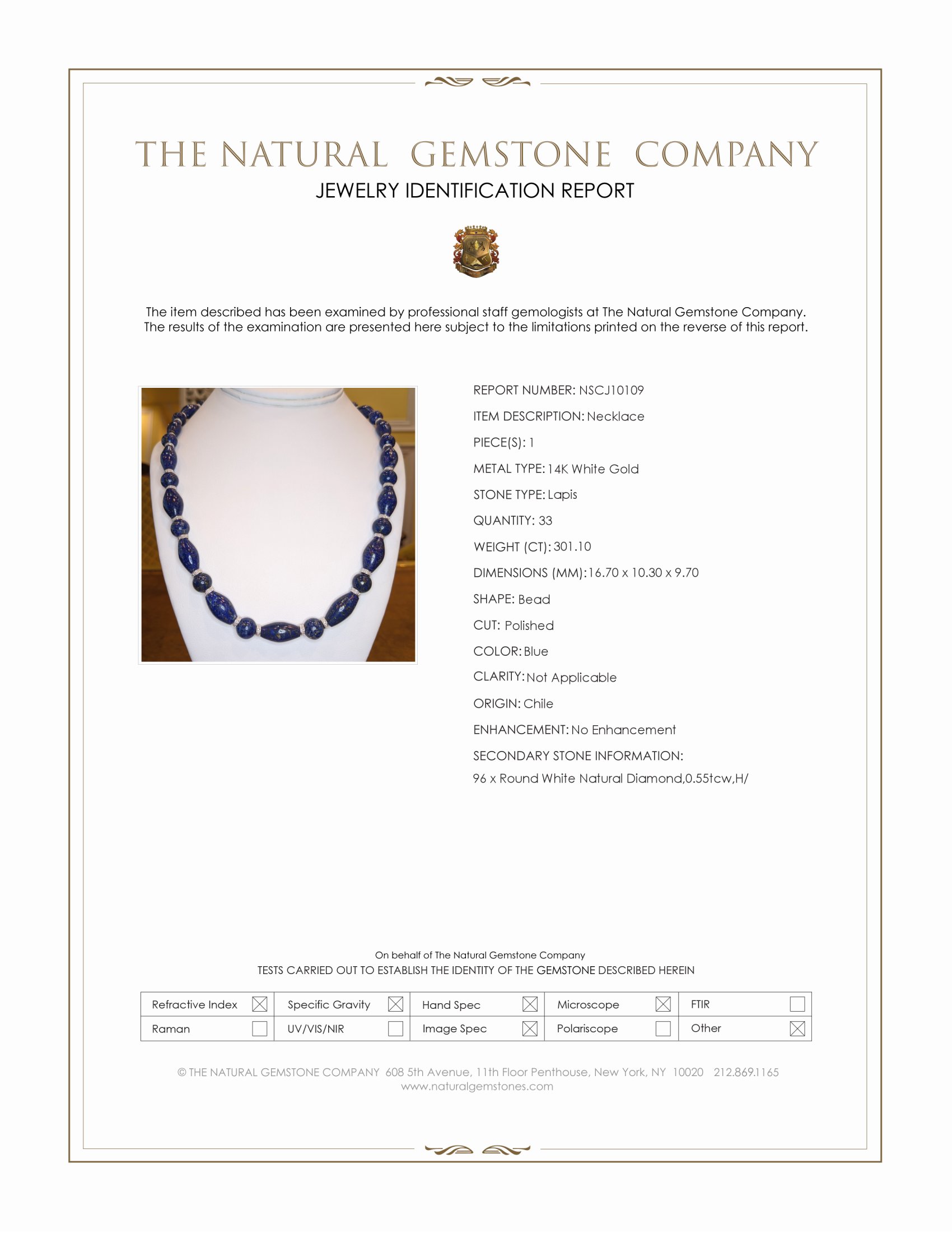 301.10 Ct. Lapis and Natural Diamond Antique Style Necklace, 14K White Gold