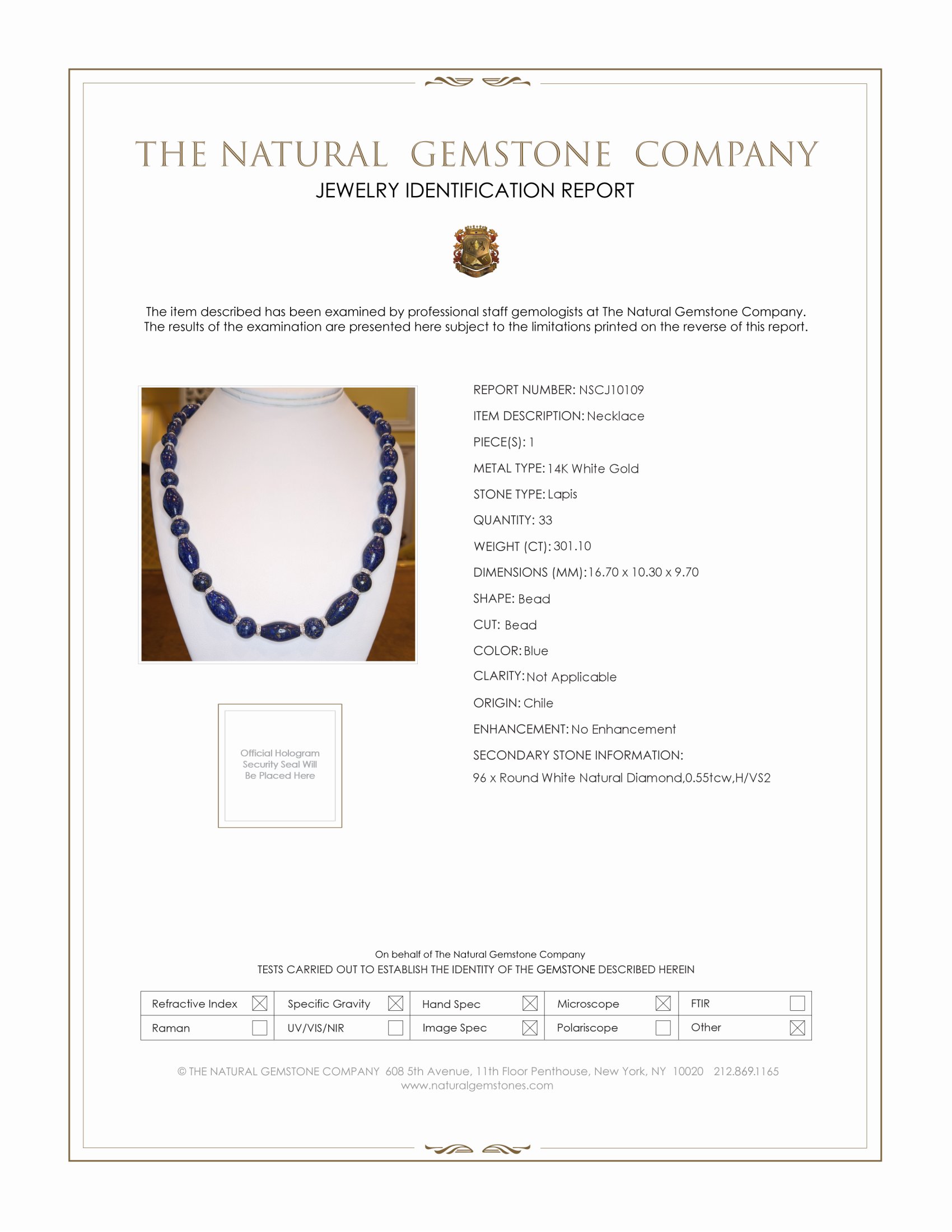 301.10 Ct. Lapis Natural Diamond Antique Style Necklace, 14K White Gold