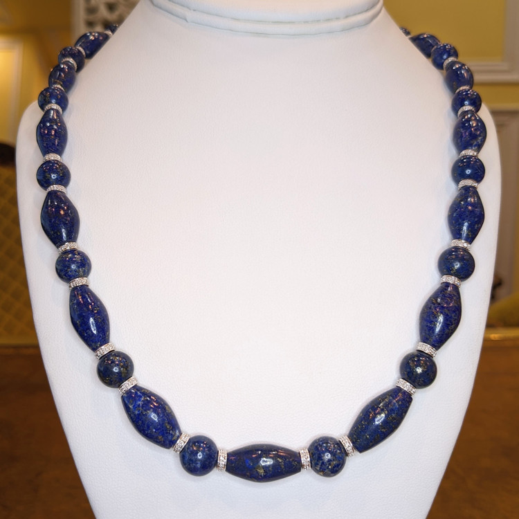 301.10 Ct. Lapis Natural Diamond Antique Style Necklace, 14K White Gold