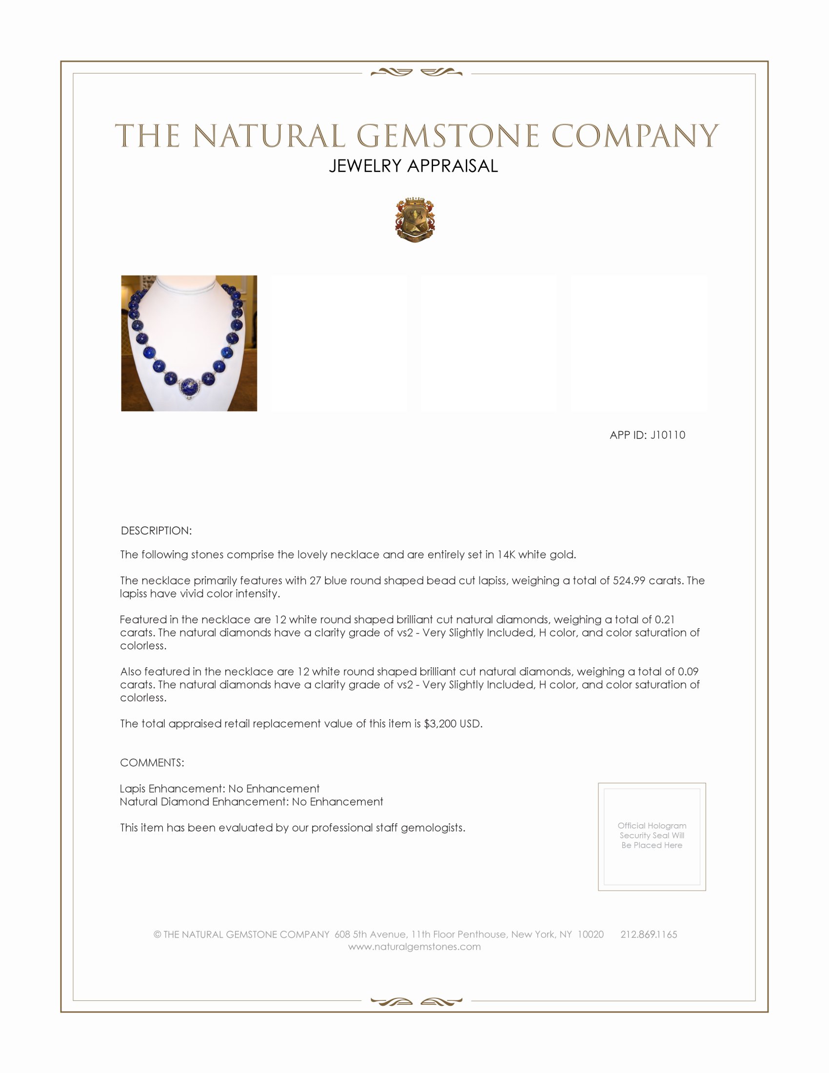 524.99 Ct. Lapis Natural Diamond Halo Necklace, 14K White Gold