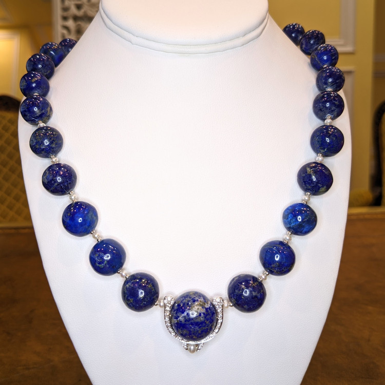 524.99 Ct. Lapis Natural Diamond Halo Necklace, 14K White Gold