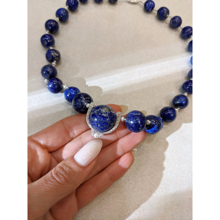 524.99 Ct. Lapis Natural Diamond Halo Necklace, 14K White Gold