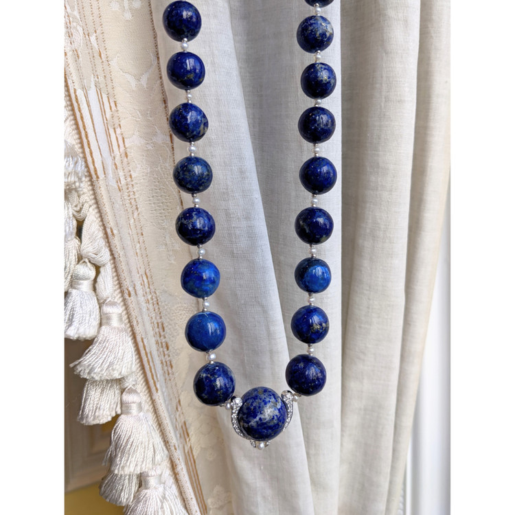 524.99 Ct. Lapis Natural Diamond Halo Necklace, 14K White Gold