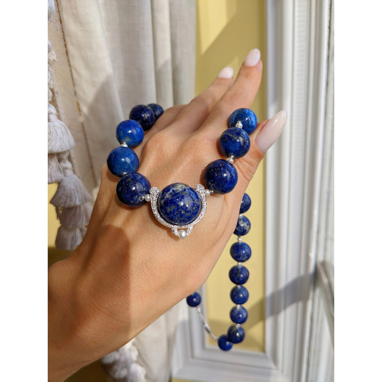 524.99 Ct. Lapis Natural Diamond Halo Necklace, 14K White Gold