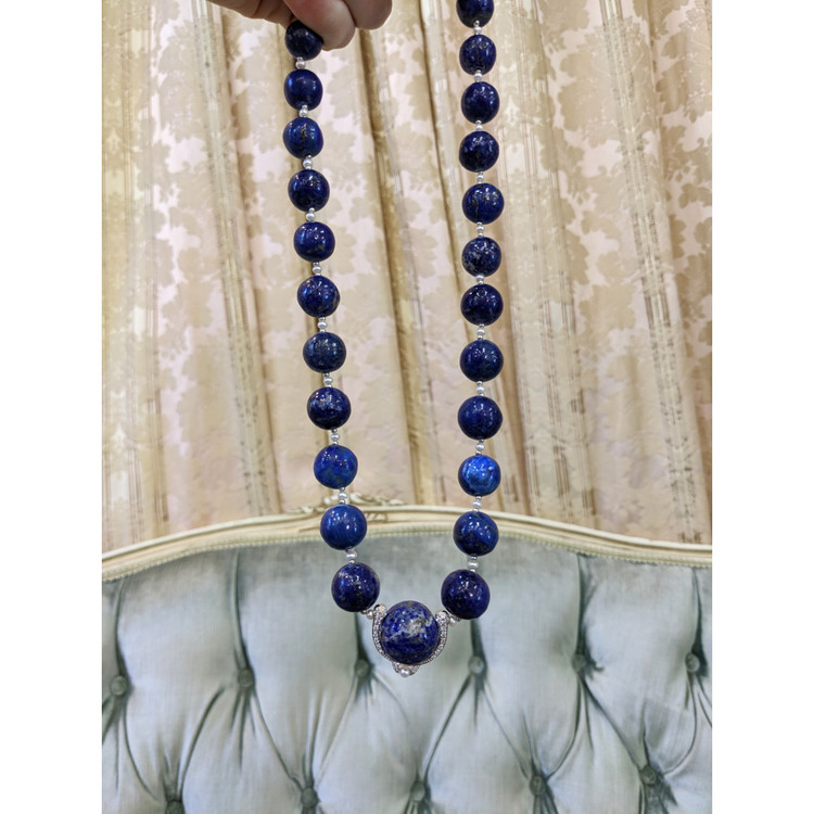 524.99 Ct. Lapis Natural Diamond Halo Necklace, 14K White Gold