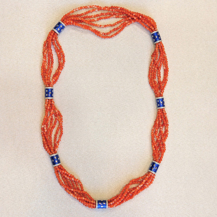 322.60 Ct. Coral Natural Diamond Antique Style Necklace, 14K White Gold