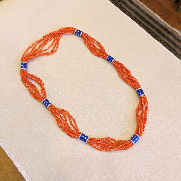 322.60 Ct. Coral Natural Diamond Antique Style Necklace, 14K White Gold