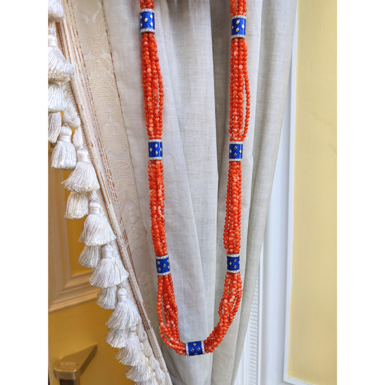 322.60 Ct. Coral Natural Diamond Antique Style Necklace, 14K White Gold