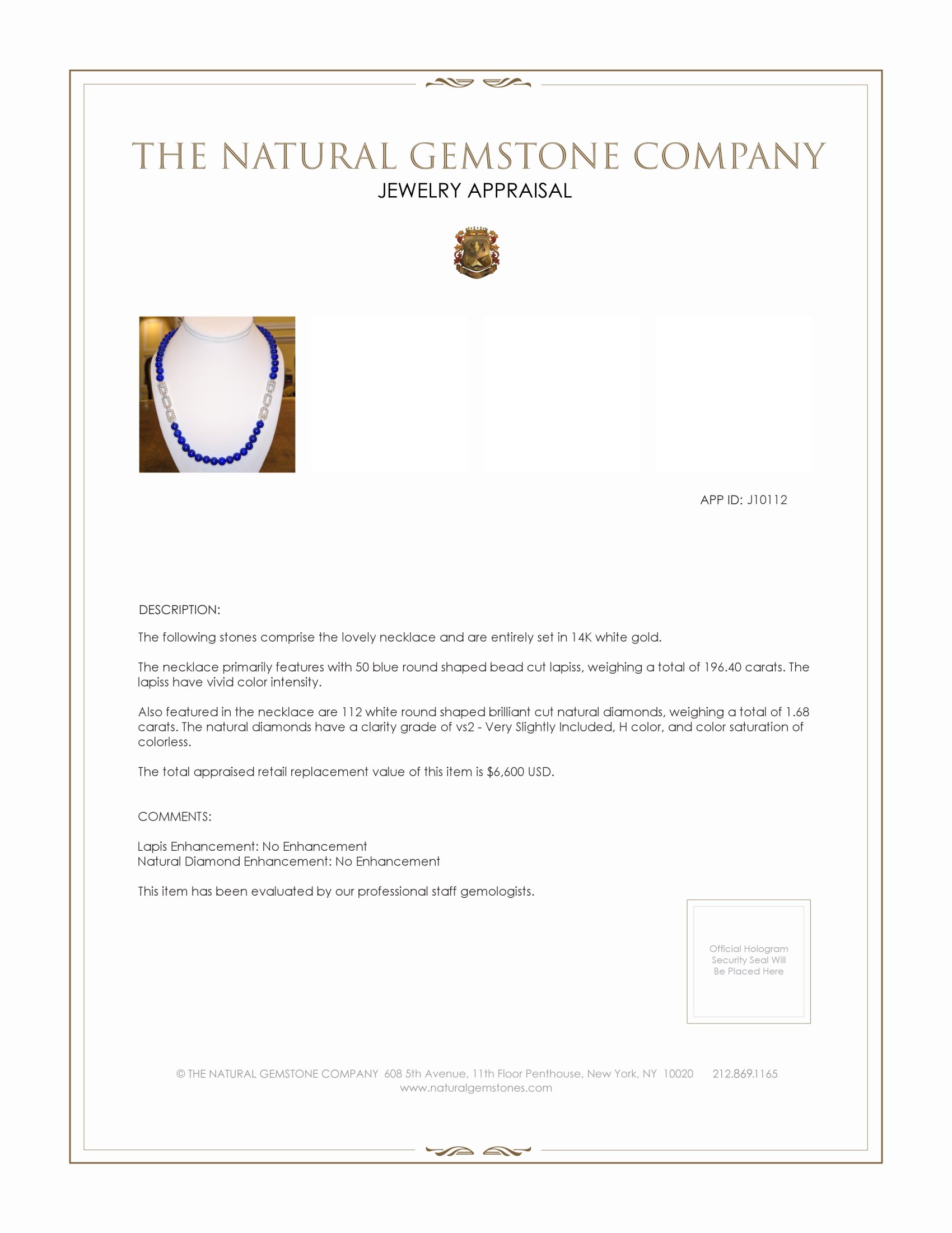 196.40 Ct. Lapis Natural Diamond Antique Style Necklace, 14K White Gold