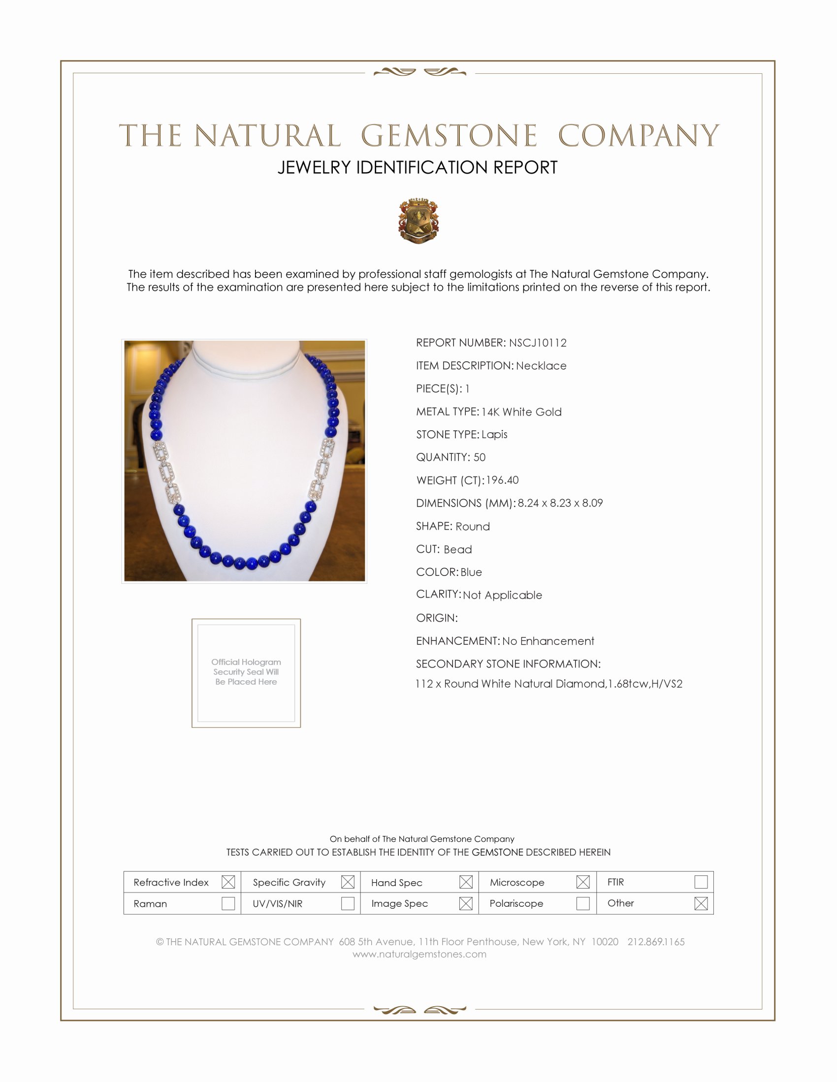 196.40 Ct. Lapis Natural Diamond Antique Style Necklace, 14K White Gold