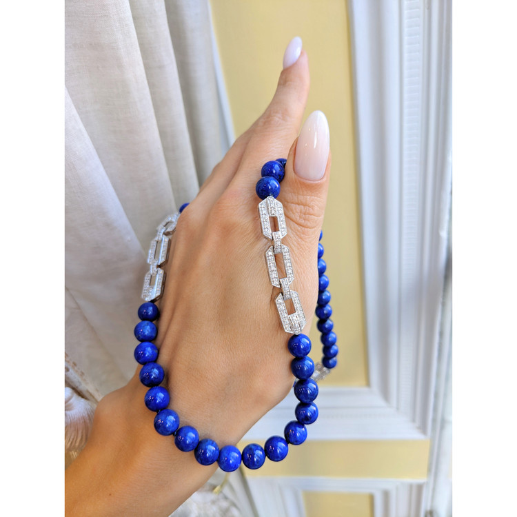 196.40 Ct. Lapis Natural Diamond Antique Style Necklace, 14K White Gold