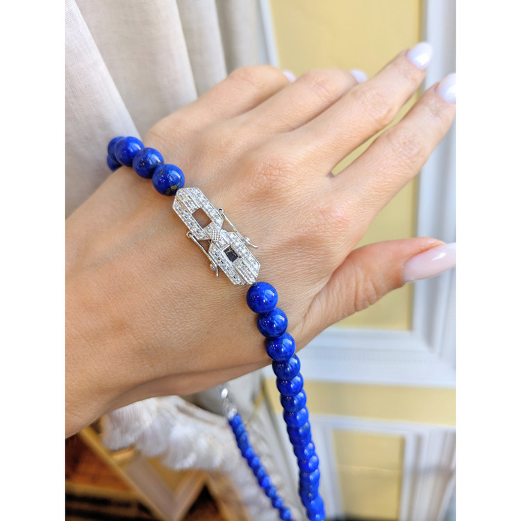 196.40 Ct. Lapis Natural Diamond Antique Style Necklace, 14K White Gold