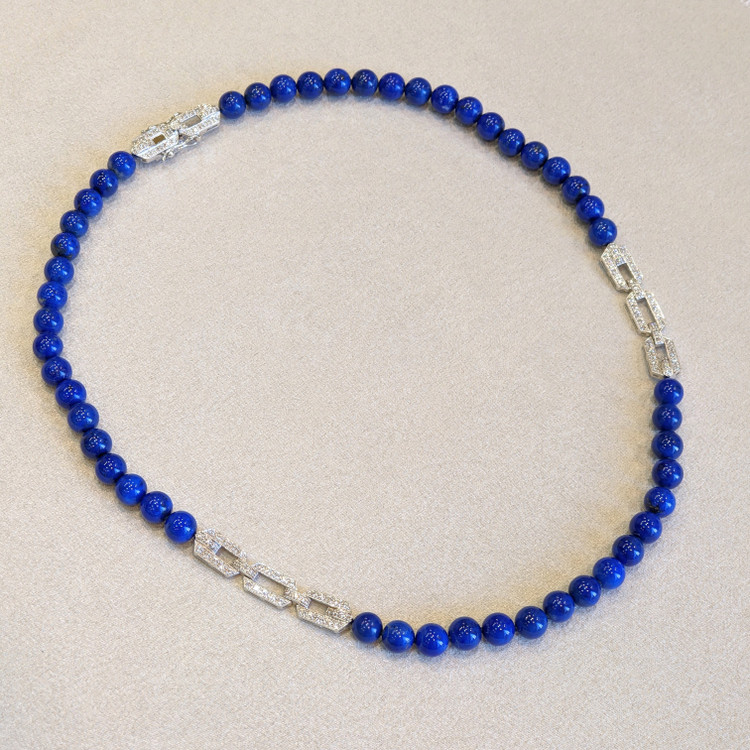 196.40 Ct. Lapis Natural Diamond Antique Style Necklace, 14K White Gold