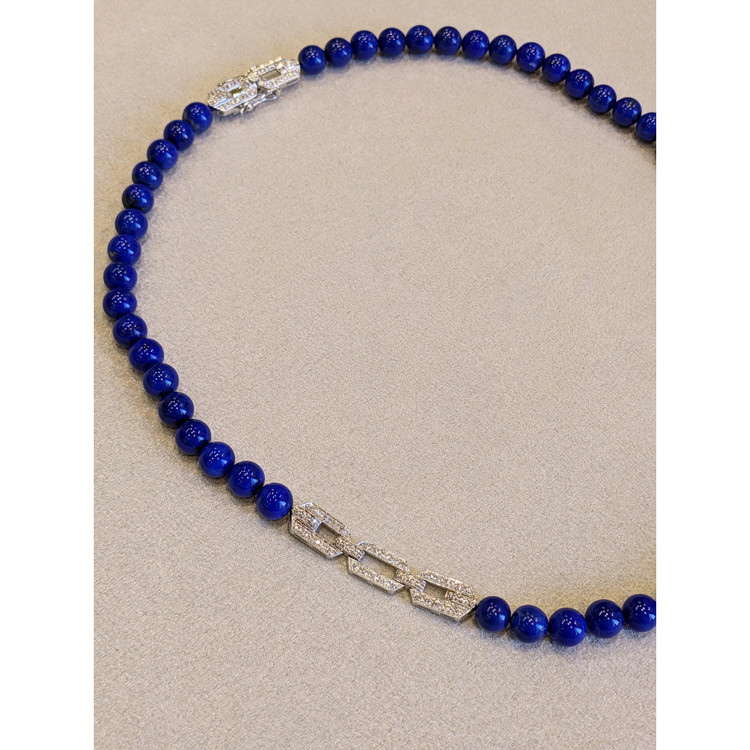 196.40 Ct. Lapis Natural Diamond Antique Style Necklace, 14K White Gold