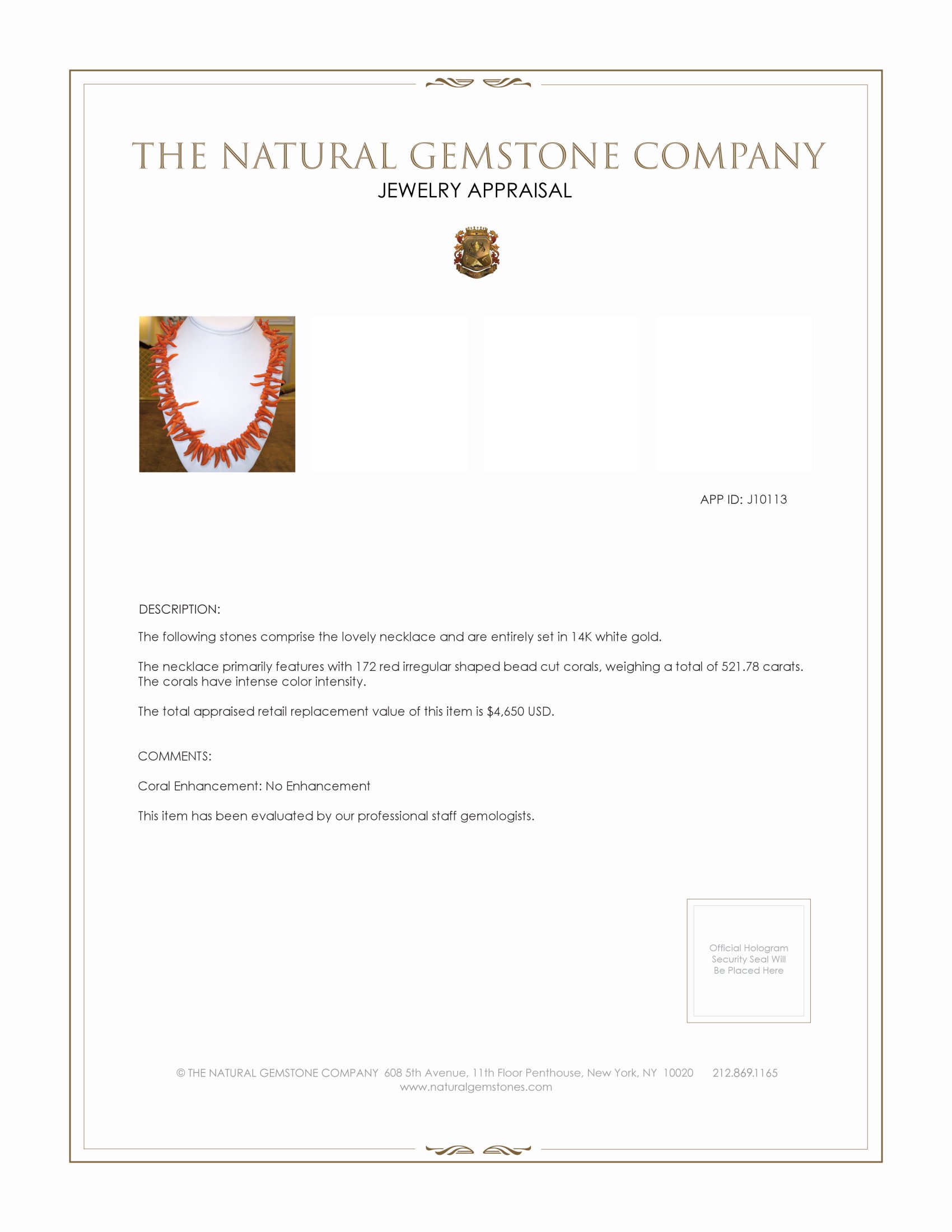 521.78 Ct. Coral Multi Stone Necklace, 14K White Gold