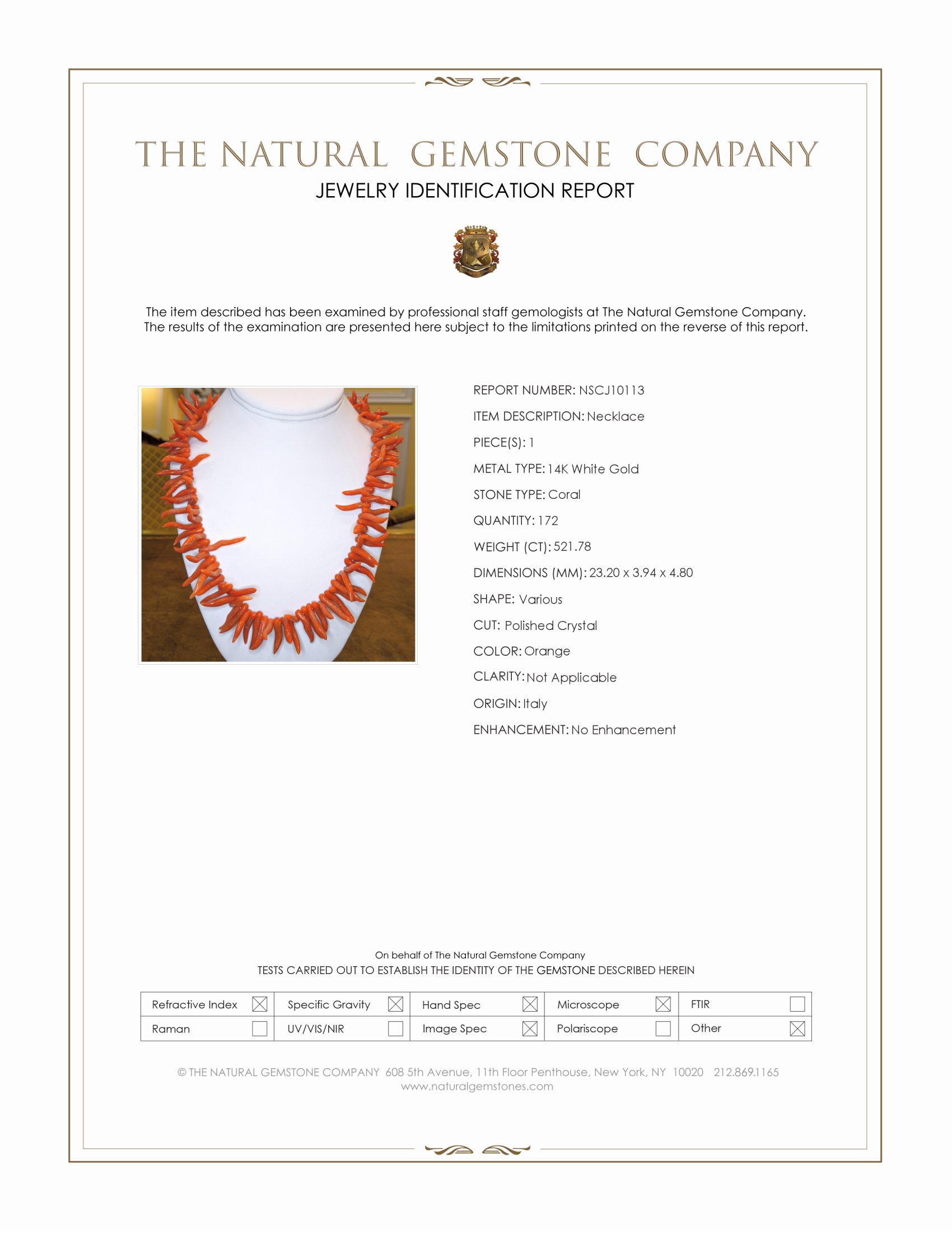 521.78 Ct. Orange Coral Multi Stone Necklace, 14K White Gold
