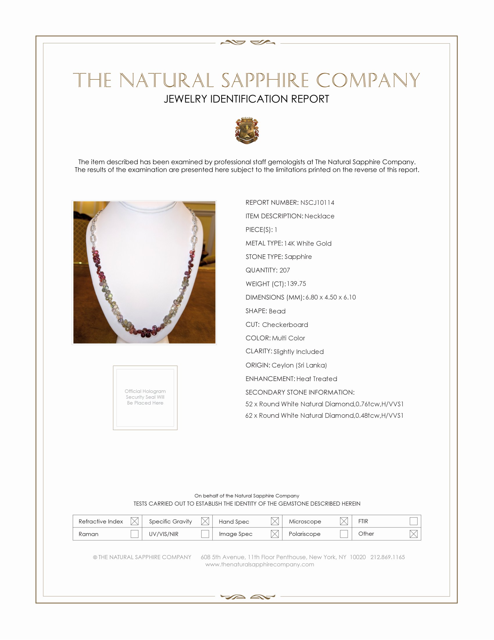139.75 Ct. Multi Color Sapphire and Natural Diamond Multi Stone Necklace, 14K White Gold