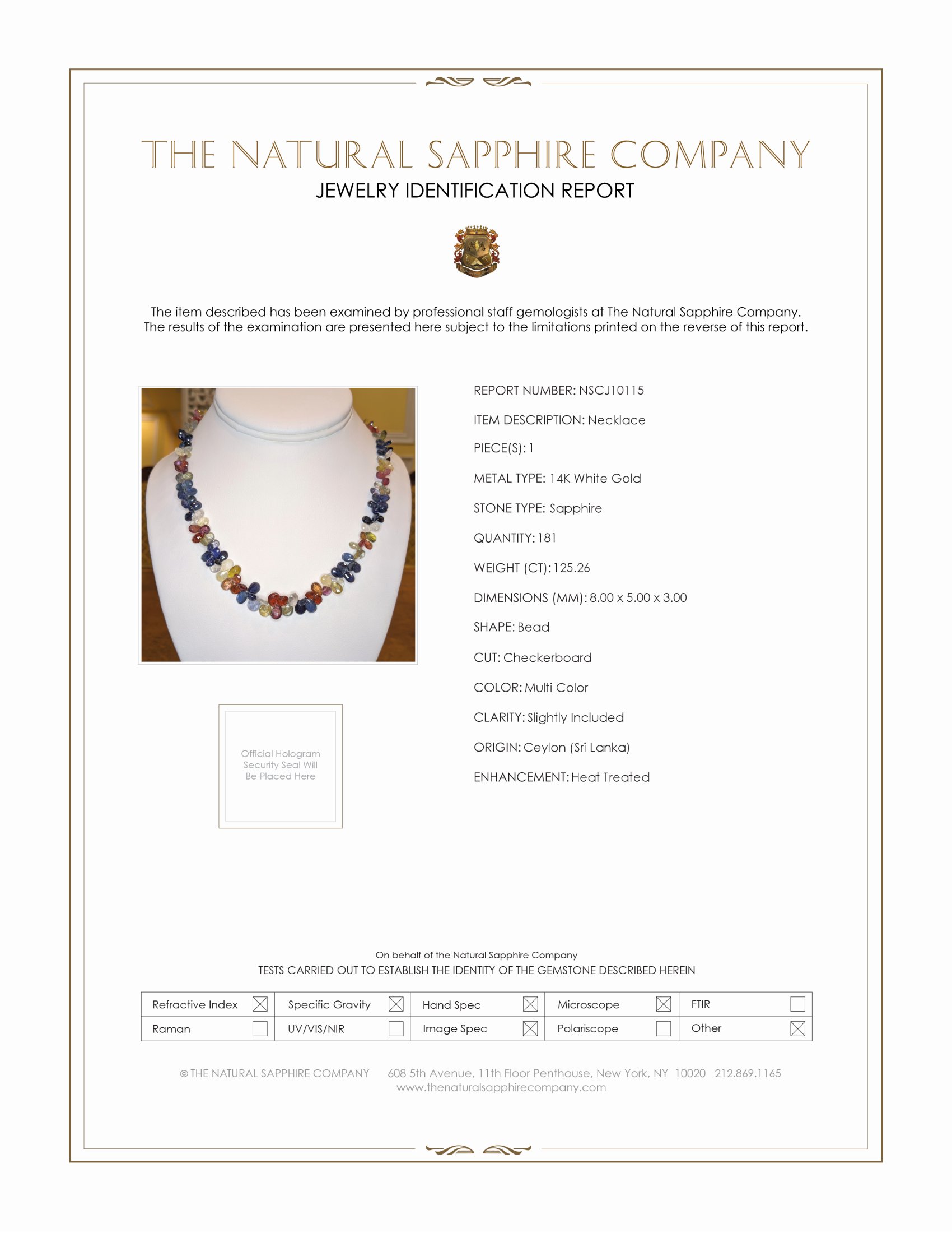 125.26 Ct. Multi Color Sapphire Multi Stone Necklace, 14K White Gold