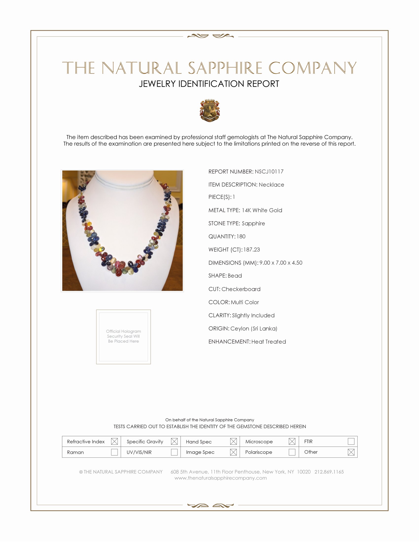 187.23 Ct. Multi Color Sapphire Multi Stone Necklace, 14K White Gold
