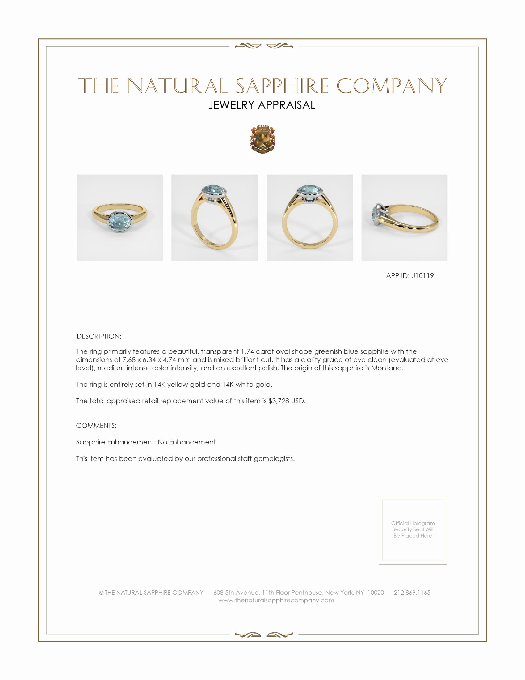 1.74 Ct. Greenish Blue Sapphire Bezel Ring, 14K Yellow & White