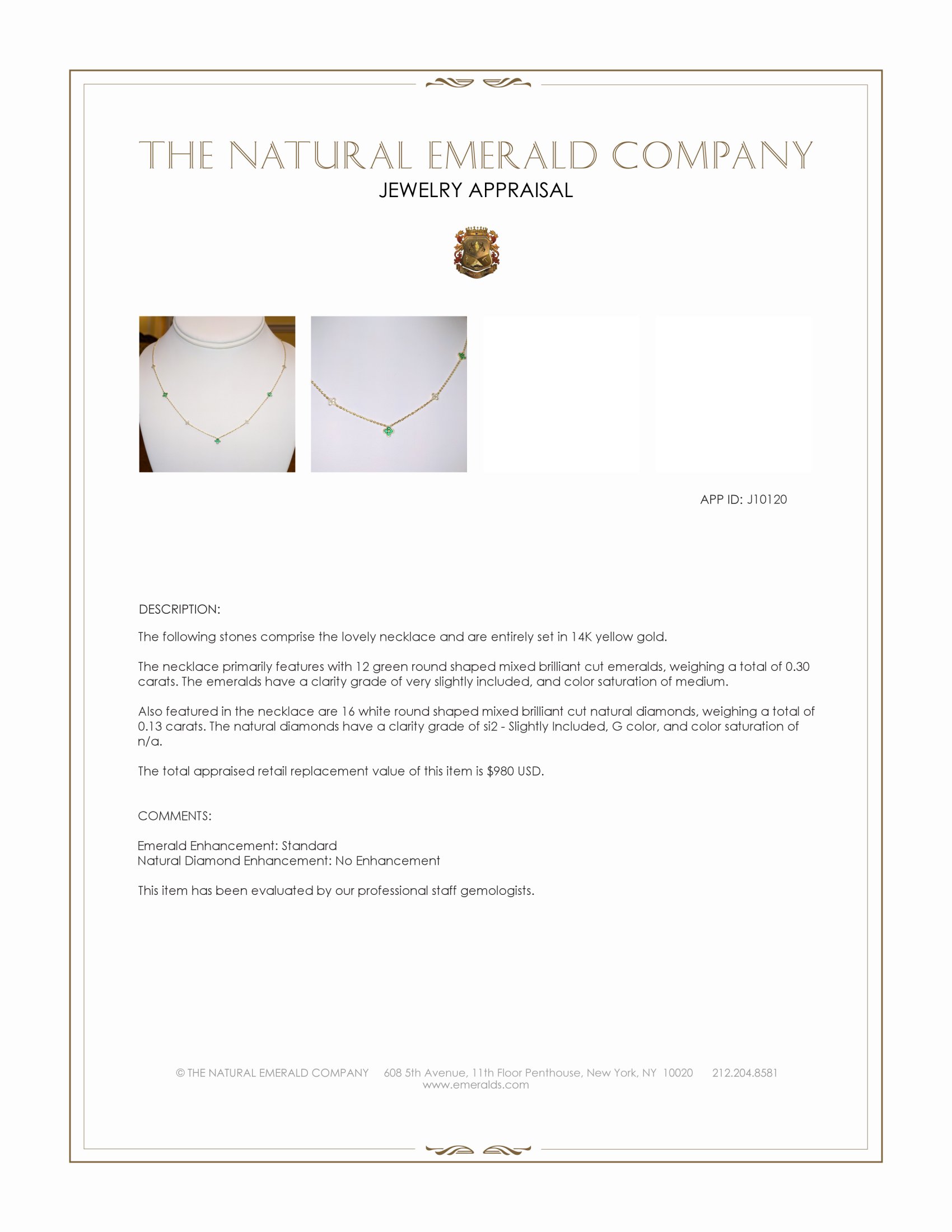 0.30 Ct. Emerald and Natural Diamond Bezel Necklace, 14K Yellow Gold
